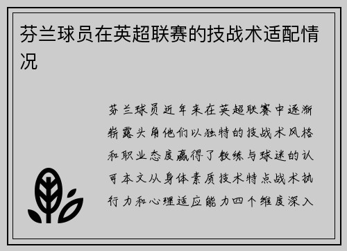 芬兰球员在英超联赛的技战术适配情况
